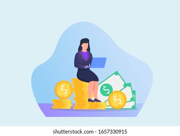 woman with financial target working on laptop with modern flat style