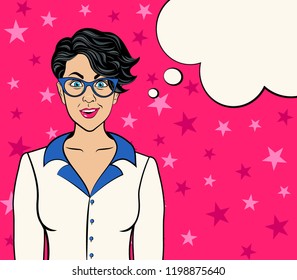 Woman financier.
Poster. Empty cloud for text.
Vector illustration in pop art style