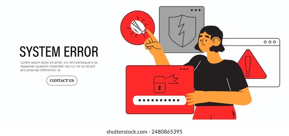 La mujer encuentra errores en el programa y no puede acceder a la Cuenta. Ilustración vectorial de avería del sistema. El administrador del sistema en el departamento de control de calidad o seguridad ayuda a corregir errores. concepto de fuga de Contraseña