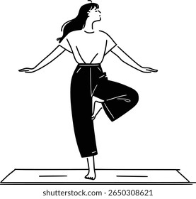 Woman finding balance and calm, simple black and white wellness and mindfulness sketch.