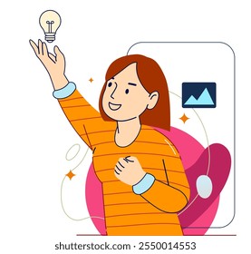 Eine Frau, die Idea-Illustrationen findet. Lösung zu finden, zu denken, Angebote zu teilen, Glühbirnen. Kreativität, Schaffensprozess.