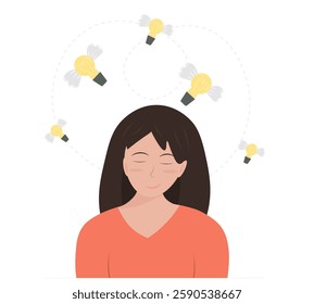 Woman finding ideas, inspiration, overthinking the creative idea, creativity, business concept, flat vector illustration
