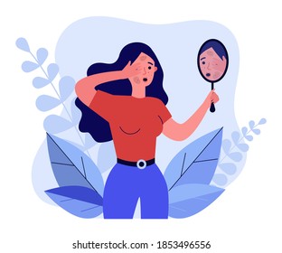 Woman finding rash on her face. Upset girl looking in mirror flat vector illustration. Acne, skin problem, disease symptom concept for banner, website design or landing web page