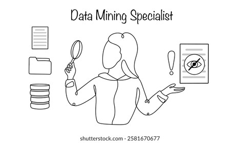 A woman finds hidden information in big data warehouses and determines the value and significance of this information for a specific company or business area. Data Mining Specialist. Modern profession