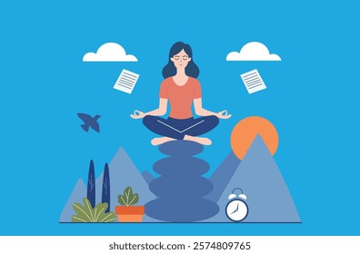 Woman finds inner peace with mindfulness meditation, escaping the chaos of daily life. Perfect for concepts like stress management, mental health, and work-life balance.