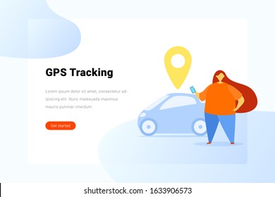 Woman Finds in Smartphone Car by GPS tracking Flat vector illustration. Map Navigation concept.