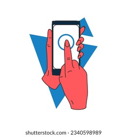 Woman finger click button touchscreen smartphone display concept digital technology icon vector flat