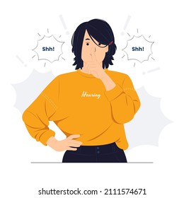 woman with finger on lips shhh gesture asking to be quiet, asks not to make noise, silence, and top secret concept illustration