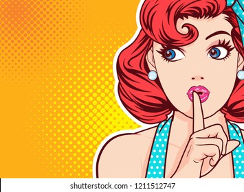 Woman With Finger On Lips, Silence Gesture, Pop Art Style Woman Banner, Shut Up.Woman With Message Shhh For Stop Talk