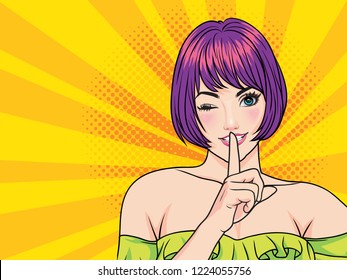 woman with finger on lips, silence gesture, pop art style woman banner, shut up.Woman with message Shhh for stop talk