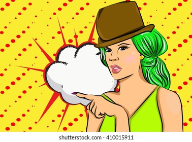 woman finger  pointing with bubble speech design by illustration