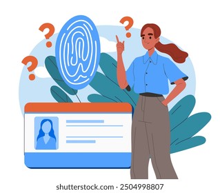 Woman with fingerprint scanning. Young girl scanning fingerprints. Safety, security and protection of personal data, biometrics. Flat vector illustration isolated on white background