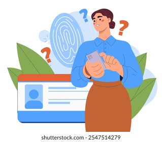 Woman with fingerprint. Young girl with biometric scanner. Privacy and security system. Authorization and authentication. Flat vector illustration isolated on white background
