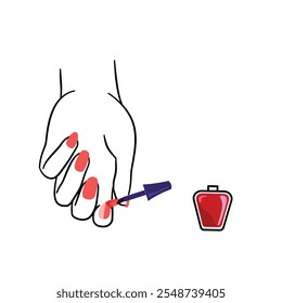 Woman fingers applying Red nail polish using brush. Red color brush nail polish and bottle. Manicure Beauty Salon Concept vector illustration