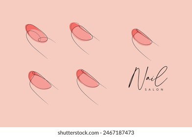 Woman fingers with pink round nails drawing in linear style on peach background