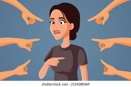 Woman with Fingers Pointed at Her Feeling Guilty Vector Cartoon. Girl being blamed by public perception feeling ashamed and discriminated 

