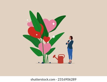 Woman finish watering growing money plant seedling with love hearts flower. Flat vector illustration