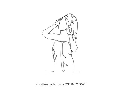 A woman finished taking a shower. Morning activities one-line drawing