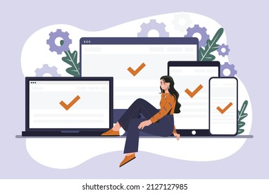 Woman finished work. Young girl sits next to gadgets and devices. Successful and responsible employee. Character resting after completion of project, leadership. Cartoon flat vector illustration