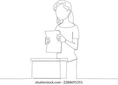 A woman finishes voting. Vote one-line drawing