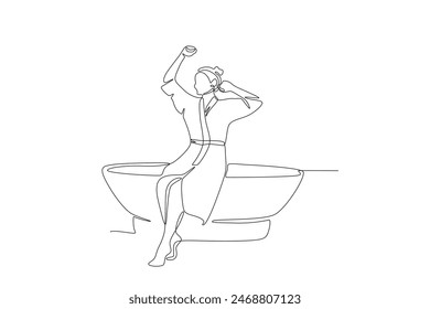 Woman finishing bathing in bathtub. Getting ready in the morning concept one-line drawing
