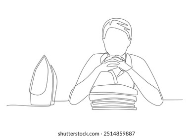 Woman finishing ironing clothes. Doing house chores concept one-line drawing
