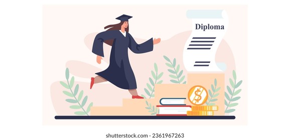 Woman finishing university and getting diploma. Student climbs pedestal to receive diploma. Academician celebrating graduation. Flat vector illustration in cartoon style