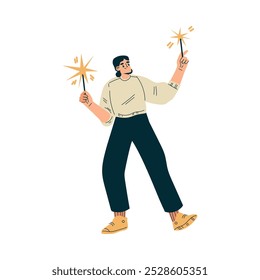 Woman with Firecracker at Musical Festival Dancing Have Rest Vector Illustration