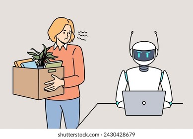 Woman fired due to robotization of business processes stands with dismissal box near robot with laptop. Fired girl is angry at artificial intelligence and robotization tech that replace living people