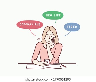 Woman Fired From Work During Corona Virus Pandemic. Hand drawn style vector design illustrations.