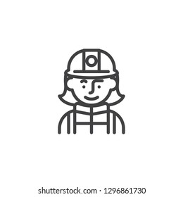Woman firefighter avatar character line icon. linear style sign for mobile concept and web design. Firewoman in helmet outline vector icon. Symbol, logo illustration. Pixel perfect vector graphics
