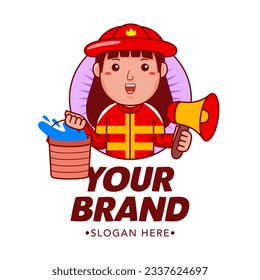 Woman Firefighter Cartoon Character Logo Vector Template