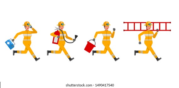 Woman Firefighter character vector design. Presentation in various action.