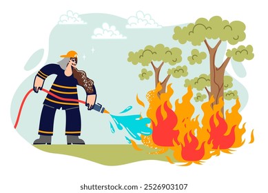 Woman firefighter extinguishes burning trees in forest, pouring water on flames from long hose. Firefighter girl fights fire spread due to lightning striking top of tree or extinguished fire.