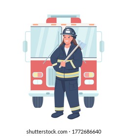 Woman Firefighter Flat Color Vector Detailed Character. Gender Equality At Workplace. Female Fireman Holding Equipment Isolated Cartoon Illustration For Web Graphic Design And Animation