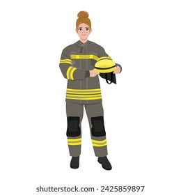 Woman firefighter in uniform portrait. Happy firewoman helmet in hands. Flat vector illustration isolated on white background