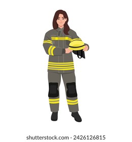 Woman firefighter in uniform portrait. Happy firewoman helmet in hands. Flat vector illustration isolated on white background