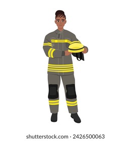 Woman firefighter in uniform portrait. Happy firewoman helmet in hands. Flat vector illustration isolated on white background