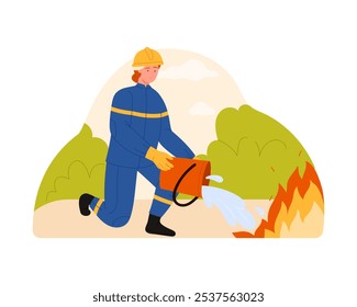 Mujer con uniforme de bomberos y casco extinguiendo el fuego con agua de la Ilustración vectorial del cubo