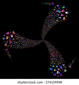 Woman fireworks swirl rotation. Vector illustration style is flat bright multicolored iconic symbols on a black background. Object whirl organized from random icons.