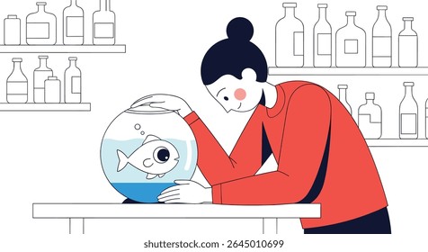 Woman with the Fishbowl and an Aquatic Pet in a Minimalist Styled Room
