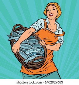 woman fisherman with a basket of fish. oceanic herring and cod. traditional craft. Pop art retro vector illustration vintage kitsch