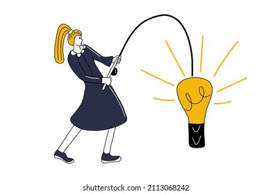 Woman fishing and catch idea. Holding lamp on rod