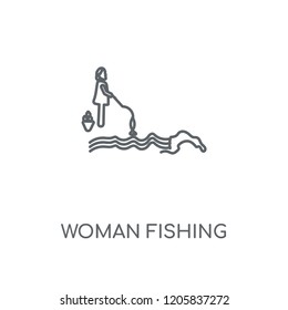 Woman Fishing linear icon. Woman Fishing concept stroke symbol design. Thin graphic elements vector illustration, outline pattern on a white background, eps 10.