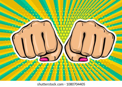 Woman fist - Girl power strong vector illustration. Cartoon pop art style halftone background. Female rights industry. Feminism colored symbol design. Fight poster protest.