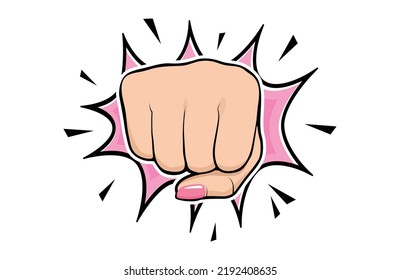 Woman fist punch illustration, Girl Power symbol, Female hand hitting the camera, powerful woman sign