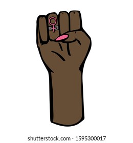 Woman fist raised up. Hand drawn vector stock, afro american female fist, symbol of feminism. Doodle style. Isolated on white background. Space for text. Design for Feminist power and solidarity.