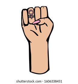 Woman fist with symbol of feminism raised up. Hand drawn vector stock, female fist. Doodle style. Isolated on white background. Space for text. Design for Feminist power and solidarity.