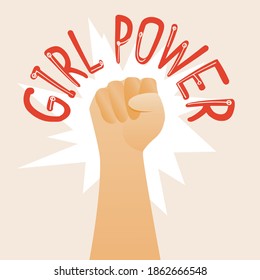 Woman fist, text Girl sway isolated. Feminist vector stock illustration. The concept of feminism, feminist women, equality, freedom. Lettering with text, fist illustration