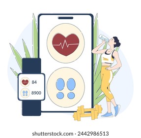 Woman with fitness application simple. Young girl with gadgets and devices. Active lifestyle and sport. Workout and training. Doodle flat vector illustration isolated on white background